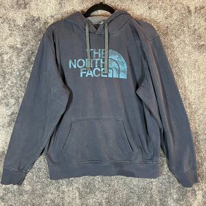 THE NORTH FACE Hoodie Mens Medium Blue Pullover Spell Out Logo Kangaroo Pocket